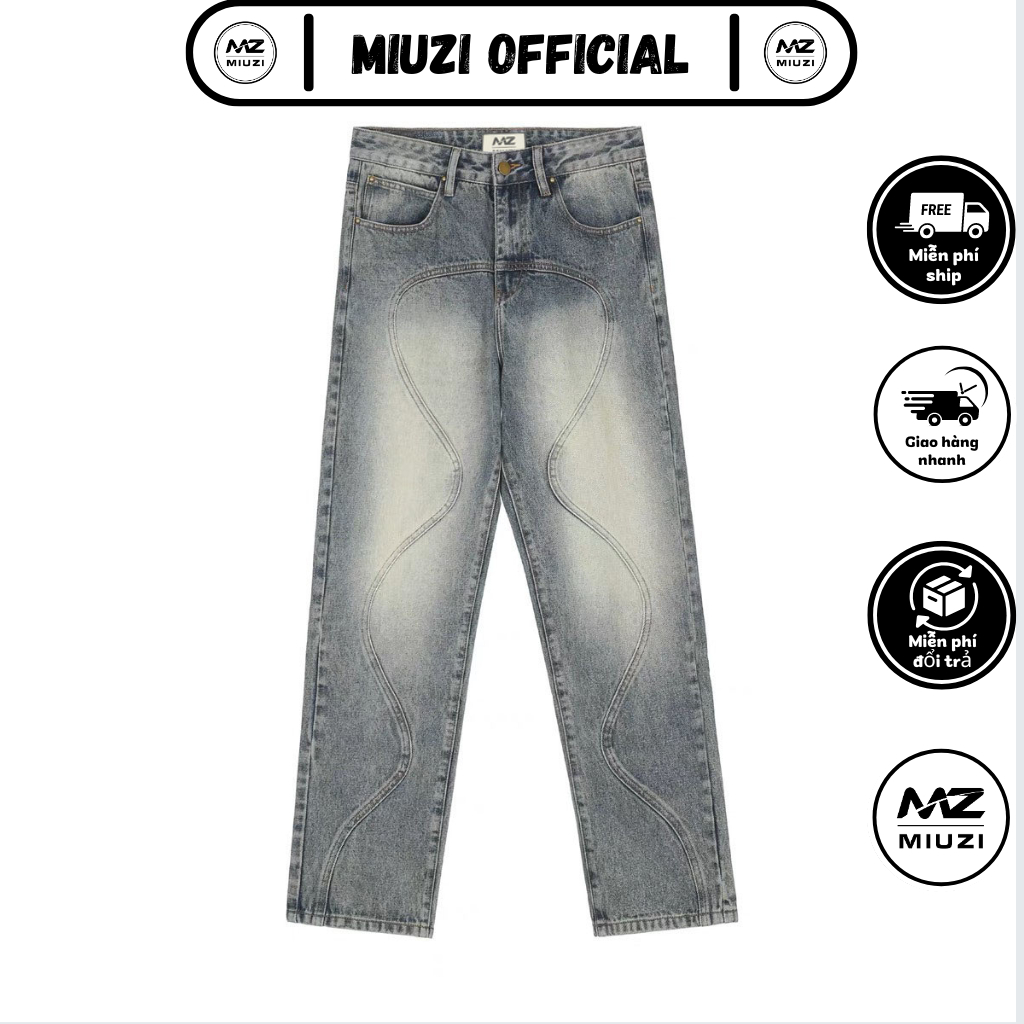 Quần jean Nam nữ phối vân họa tiết sóng mềm mại local brand Miuzi DT155