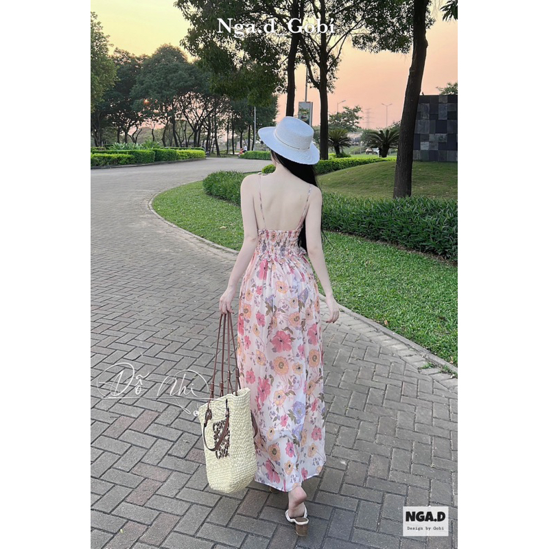 Váy hoa maxi chun eo dáng dài