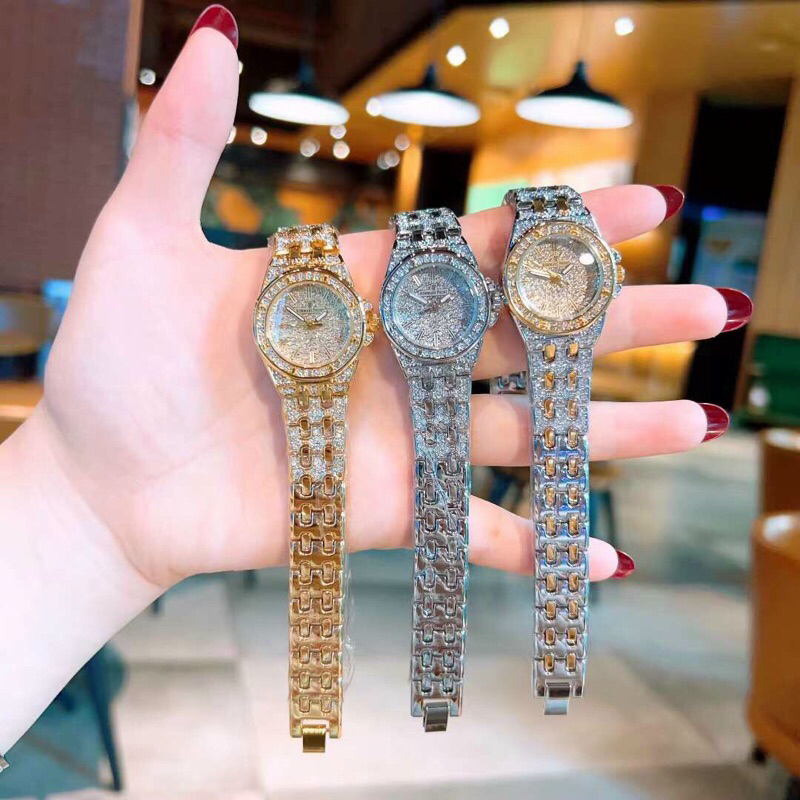 💐💐Đồng hồ nữ mặt tròn nhỏ mini full đá lên tay dễ thương mới,thương hiệu Audemars piguet, size :26mm, chống nước