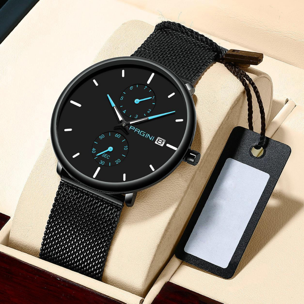 Đồng hồ nam, đồng hồ nam chống nước Pagini 9966 dây thép lụa Titanium, sang trạng, trẻ trung với kim dạ quang