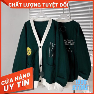 Áo Khoác Cardigan Xanh Túi W Mặt Cười Nữ form rộng xinh xắn,Áo khoác nam nữ phong cách Hàn Quốc