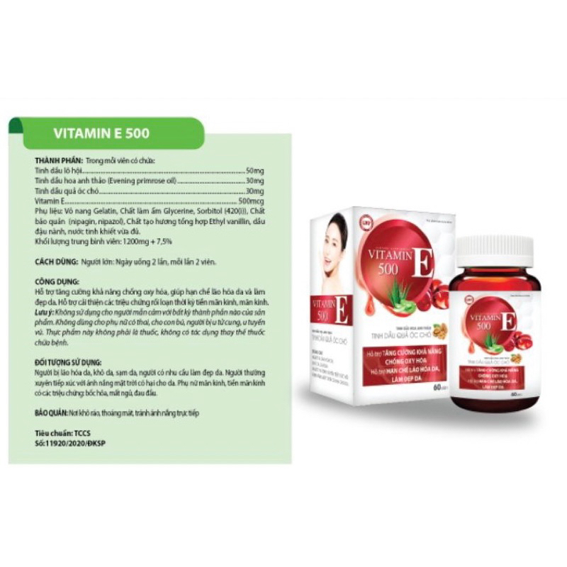 Hộp 60 Viên uống sáng da VITAMIN E đỏ Vitamin E500 Tinh dầu hoa anh thảo tinh dầu óc chó - Vitamin E 500 Giúp làm đẹp da