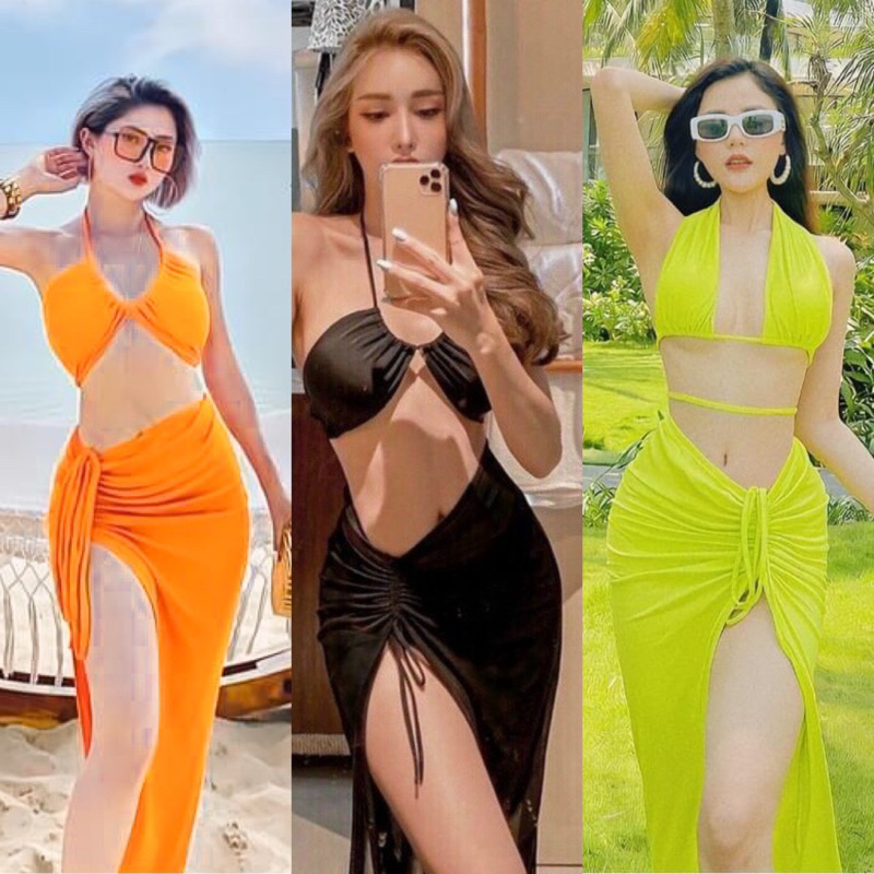 Bikini 3 mảnh áo yếm chân váy xẻ đen, cam, vàng