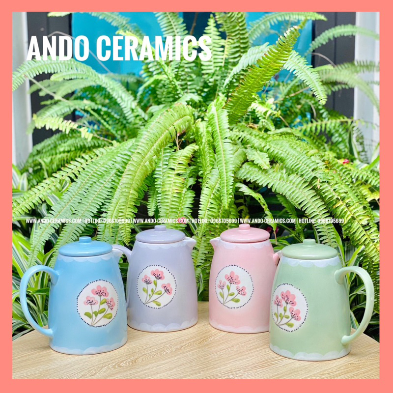 Set Bình Trà Sứ Uống Nước 4 Màu Pastel cực xinh hoạ tiết hoa tròn vẽ tay - Giá Nhà Lò