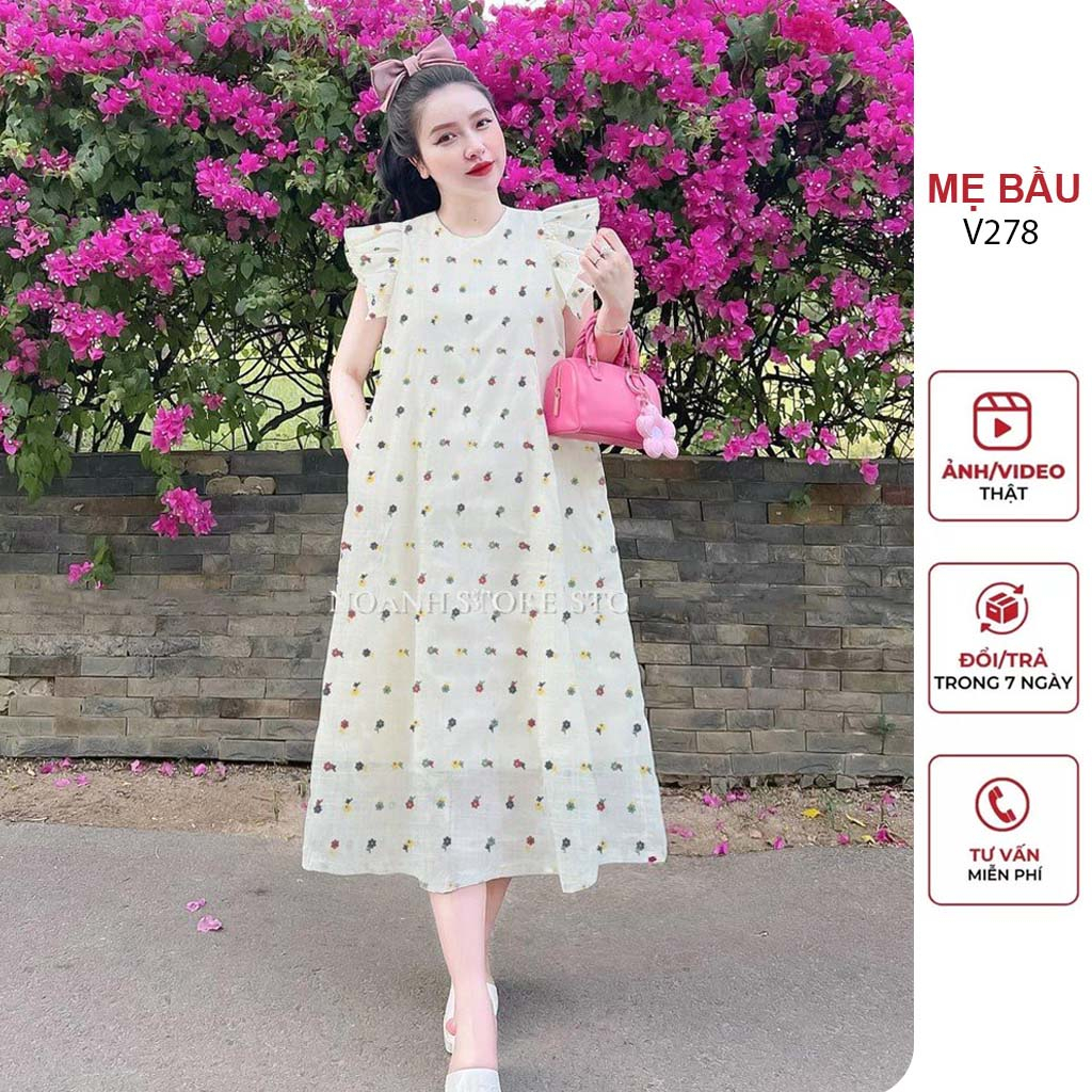 ĐẦM VÁY BẦU CÔNG SỞ MÙA HÈ TAY CÁNH TIÊN CHẤT ĐẸP - ĐẦM BẦU DÁNG SUÔNG DÀI MẶC TRƯỚC VÀ SAU SINH FREESIZE