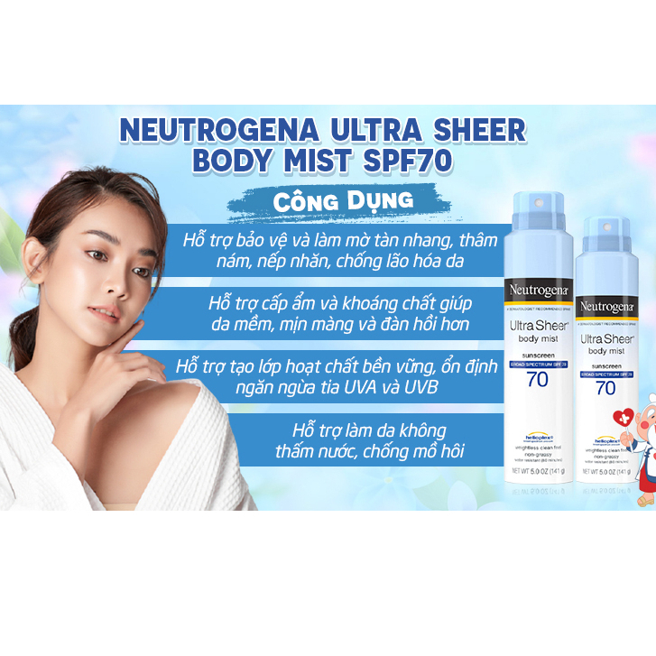 [Hàng Mỹ] Xịt Chống nắng dạng Neutrogena Neutrogena Ultra Sheer Body Mist SPF70