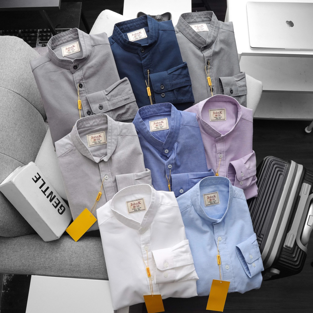 Áo sơ mi trơn nam cổ trụ basic vnxk đẹp cao cấp, form slim fit vừa người, chất vải oxford thoáng mát thấm hút mồ hôi