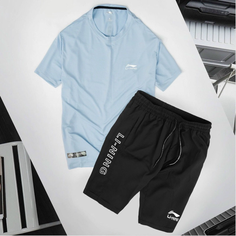 Bộ thể thao nam, bộ Li-Ning cộc tay nam tròn chất liệu vải thun lạnh co dãn thoải mái thấm hút mồ hôi logo ép cao su non