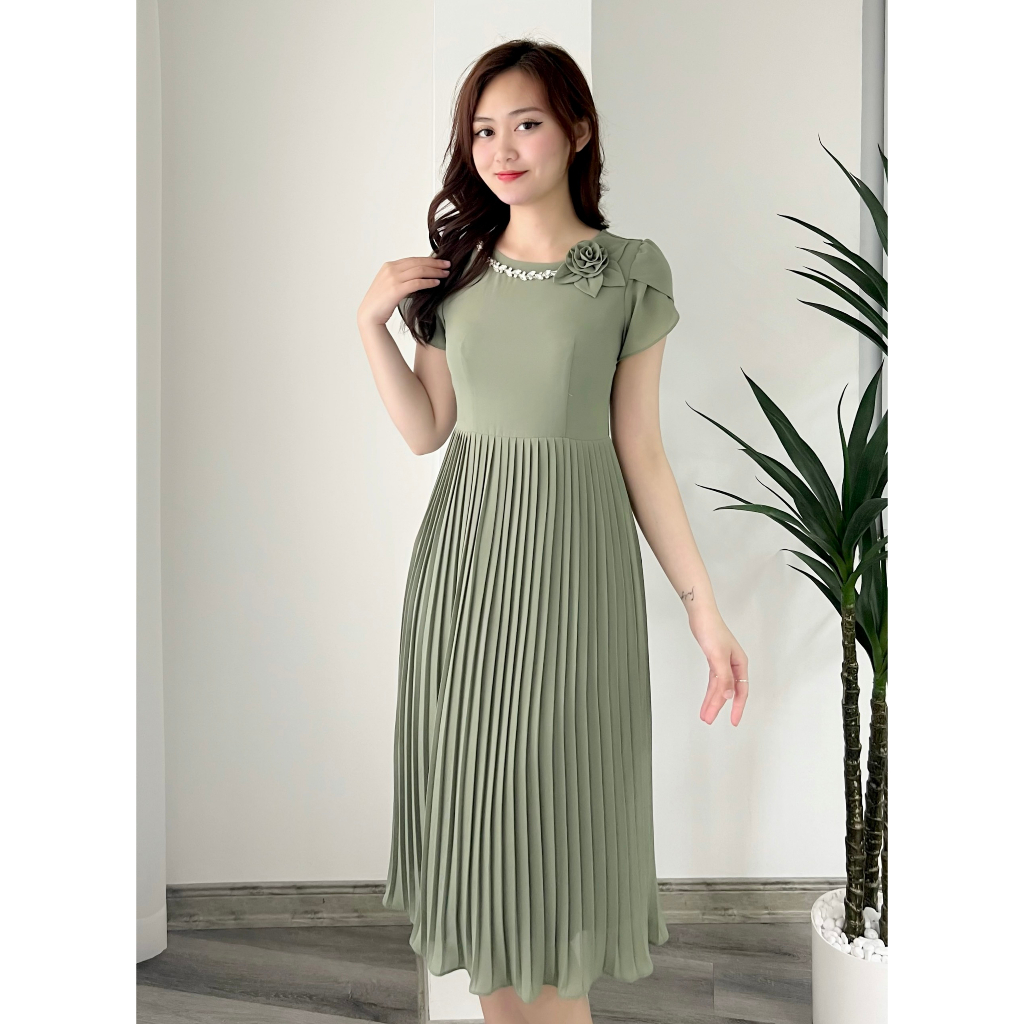 Đầm công sở cổ tròn đính đá phối nơ sang trọng Emvy Fashion K51