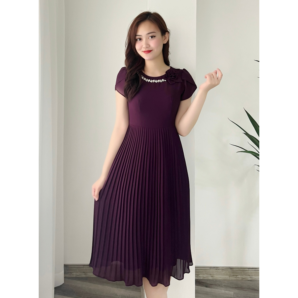 Đầm công sở cổ tròn đính đá phối nơ sang trọng Emvy Fashion K51