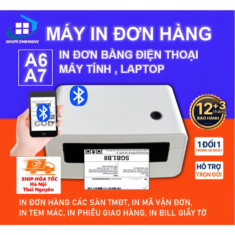 Máy in nhiệt Blutooth A6 100x150mm , in đơn hàng , in mã vận đơn các sàn TMĐT , tem decal tự dán BH 12 tháng