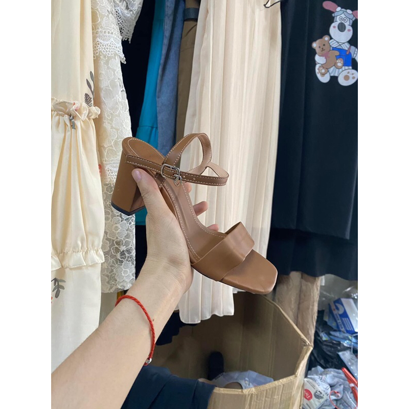 Guốc cao gót nữ đế vuông 7 phân da bóng quai ngang sang trọng