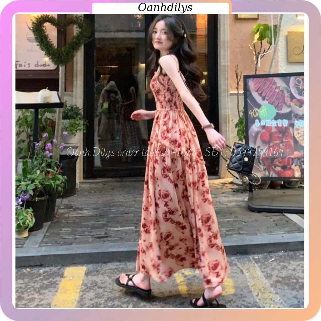 Váy hai dây nữ dáng dài hoạ tiết hoa hồng đỏ, đầm 2 dây nhún ngực tôn dáng hàng order Taobao nhà Oanhdilys