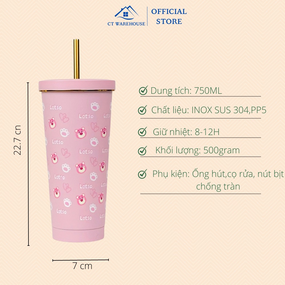 Ly giữ nhiệt gấu dâu CT WAREHOUSE-LT608 thể tích 750ML có ống hút và cọ đi kèm, giữ nóng lạnh lên đến 12H
