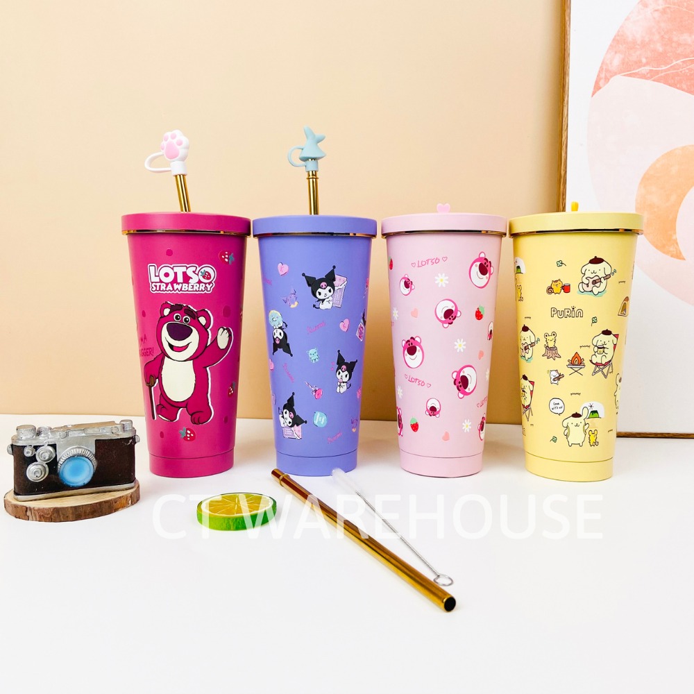 Ly giữ nhiệt gấu dâu CT WAREHOUSE-LT608 thể tích 750ML có ống hút và cọ đi kèm, giữ nóng lạnh lên đến 12H