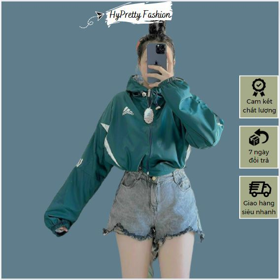 Áo khoác croptop có nón chất dù ngoại 2 lớp, áo khoác nữ dáng lửng phối màu full ziper cực đẹp HYPRETTY