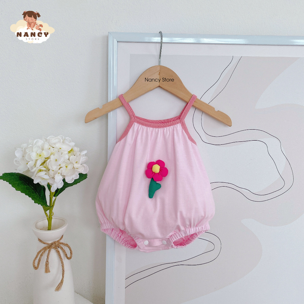 Áo 2 dây cho bé gái, quần áo mùa hè cho bé gái màu hồng họa tiết đính hoa ngực áo, cho bé từ 5-14kg, Nancy Store N1034