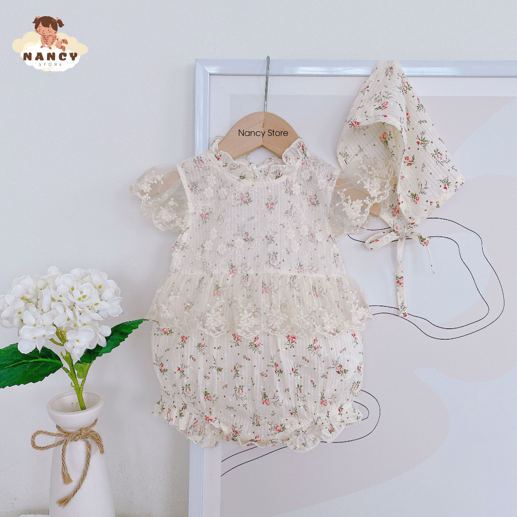 Áo liền thân ngắn tay kèm mũ họa tiết hoa nhí cho bé gái sơ sinh từ 5-12kg A1023 NANCY STORE