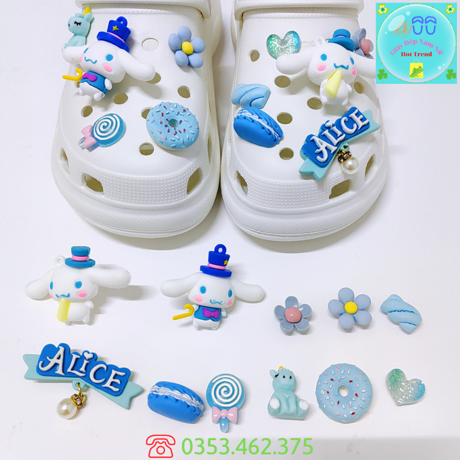 Bộ Sticker Thỏ Tai Dài Alice Phụ Kiện Trang Trí Dép Crocs Jibbitz Charm 3D Gắn Sục Cross Mẫu Mới Siêu Xinh Sẵn Nút Gắn