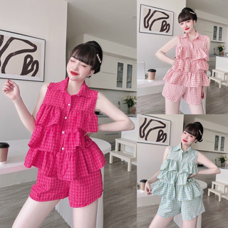 Set bộ đùi babydoll, set bộ đũi bèo tầng áo sát nách, set bộ đùi caro kiểu sơ mi tầng dễ thương M819 - yado