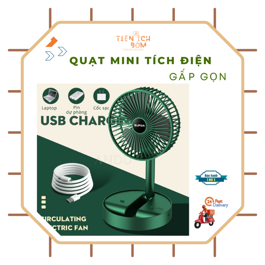 Quạt mini để bàn tích điện Super gấp gọn có thể kéo dài 3 tốc độ gió xoay 360 cổng sạc usb tiện dụng, bảo hành 12 tháng