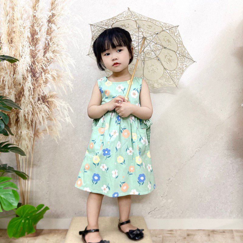 Váy sát nách thắt nơ eo màu xanh ngọc- Tặng nơ kẹp tóc