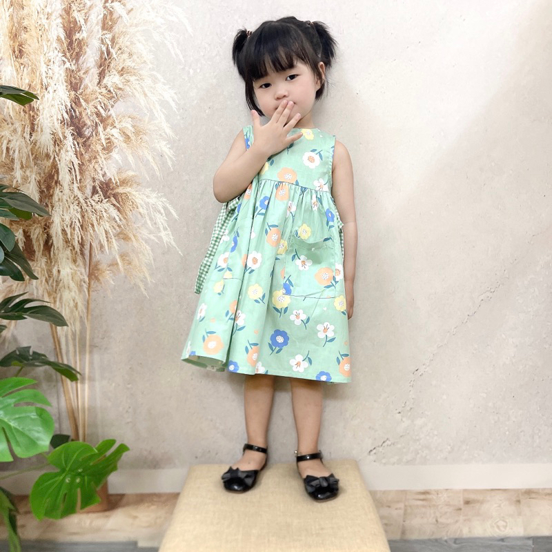 Váy sát nách thắt nơ eo màu xanh ngọc- Tặng nơ kẹp tóc