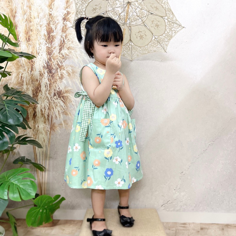 Váy sát nách thắt nơ eo màu xanh ngọc- Tặng nơ kẹp tóc