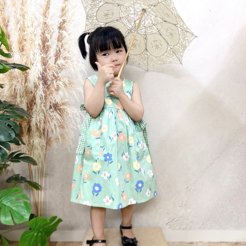 Váy sát nách thắt nơ eo màu xanh ngọc- Tặng nơ kẹp tóc