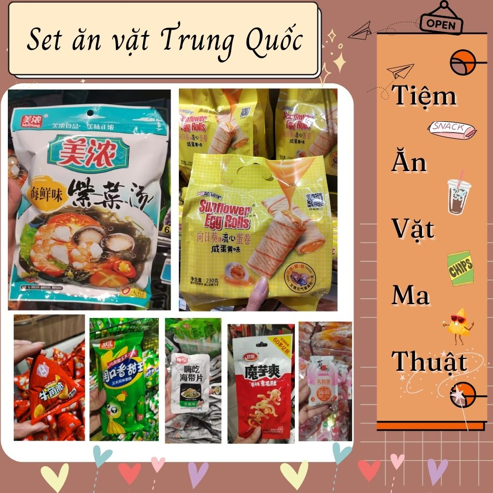 {MT002} Combo đồ ăn vặt Trung Quốc ngẫu nhiên - Set Mix ngẫu nhiên các loại que cay, thạch trái cây, hổ kaka, kẹo,...