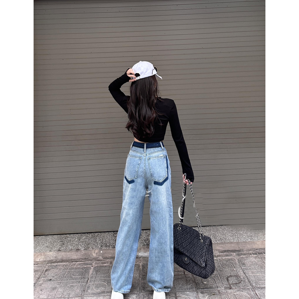[ORNL797] QUẦN JEANS ỐNG RỘNG NỮ LƯNG CAO VIỀN ĐẬM LƯNG VIỀN HÔNG KÈM VIỀN TÚI SAU MÀU XANH NHẠT LAI CUỐN SIÊU LẠ CỰC CÁ