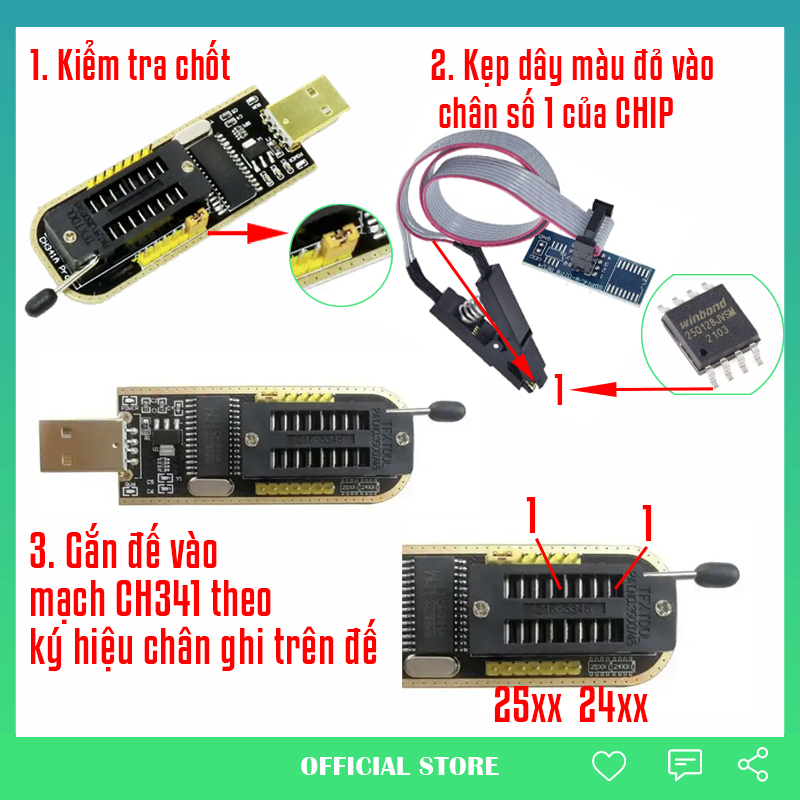 Bộ CH341A, clip kẹp IC Flash read/write EEPROM, Firmware kiểu chân SOP/SOIC8 SOP16/SOIC16 sang DIP8