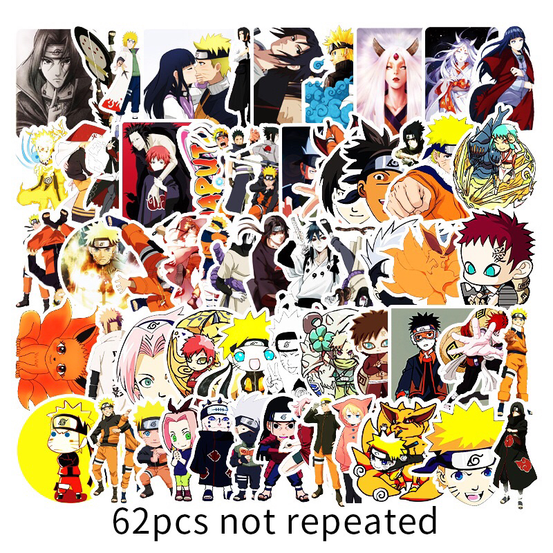 Bộ 62 Sticker khác nhau hình NARUTO Dán Laptop, Điện Thoại, Skateboard, Đàn - Decal PVC Chống Thấm Nước