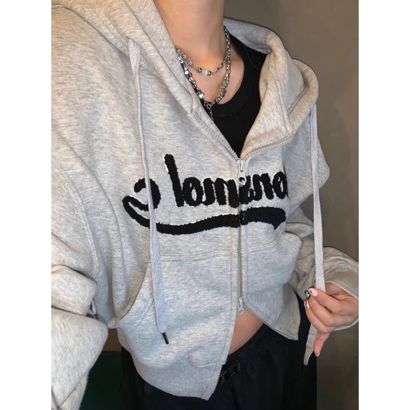 Áo Khoác Croptop Màu Xám Uzllang Dễ Thương Siêu Hot Phù Hợp Mọi Phong Cách