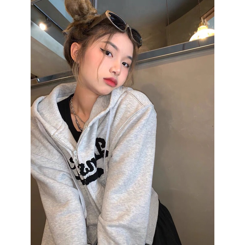 Áo Khoác Croptop Màu Xám Uzllang Dễ Thương Siêu Hot Phù Hợp Mọi Phong Cách