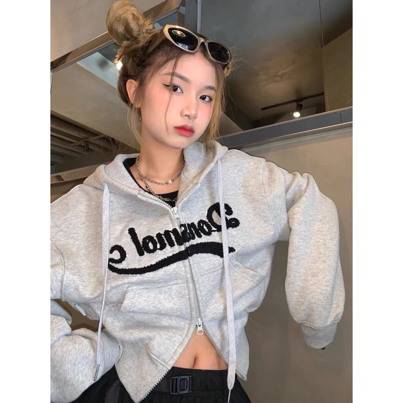 Áo Khoác Croptop Màu Xám Uzllang Dễ Thương Siêu Hot Phù Hợp Mọi Phong Cách