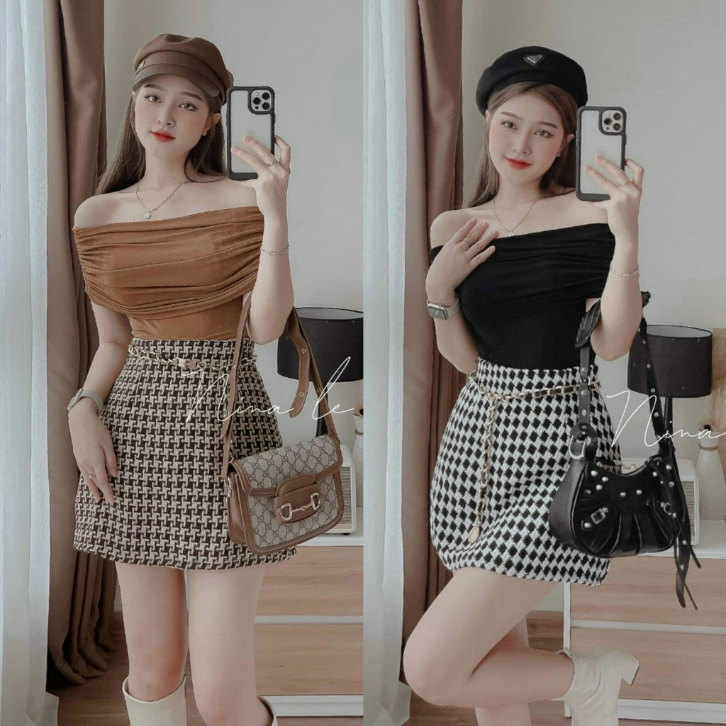 Set chân váy áo thun trễ vai xếp nhăn mix chân váy bố dạ dáng chữ A họa tiết caro [547]