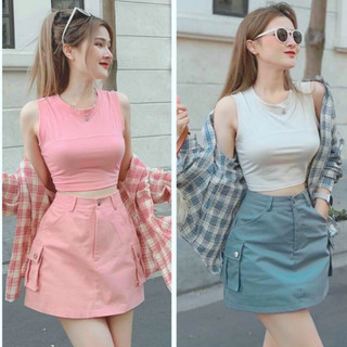 Set bộ sơ mi kẻ 3 món mix chân váy túi hộp cá tính, hot trend thể thao năng động