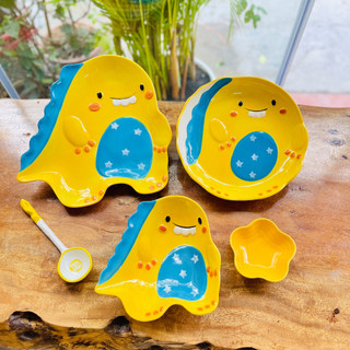 Bát đĩa gốm sứ decor, bát ăn cơm, bát ăn chè, chén dĩa dễ thương bộ khủng long vàng xinh yêu
