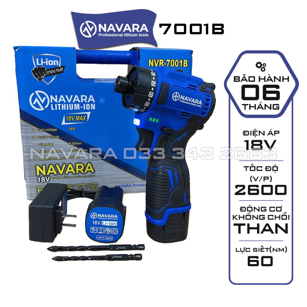 Máy chuyên vít pin Navara 7001B Tặng 2 Mũi khoan đa năng Động cơ Không chổi than bền bỉ và mạnh mẽ, Dây đồng nguyên chất