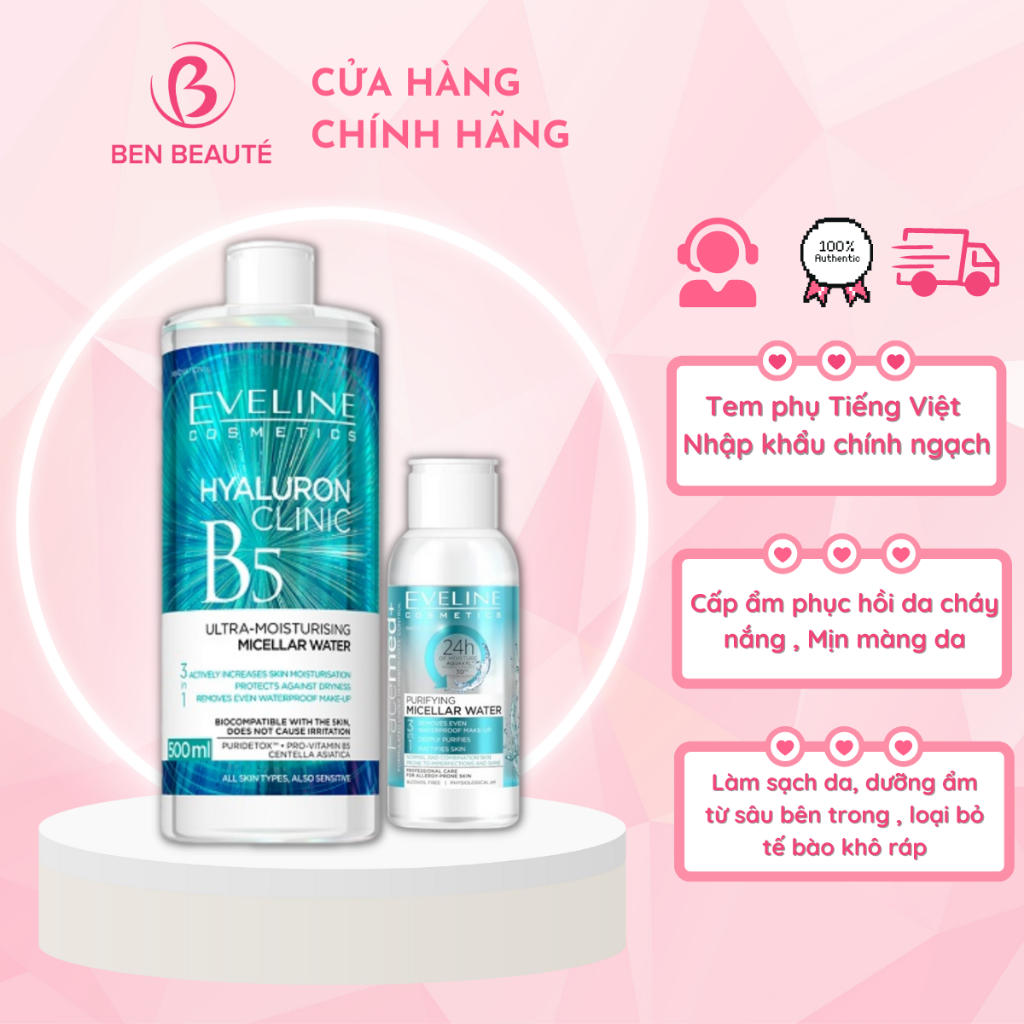 Nước Tẩy Trang Eveline Hyaluron Clinic B5 Ultra-Moisturizing Micellar Water 500ml