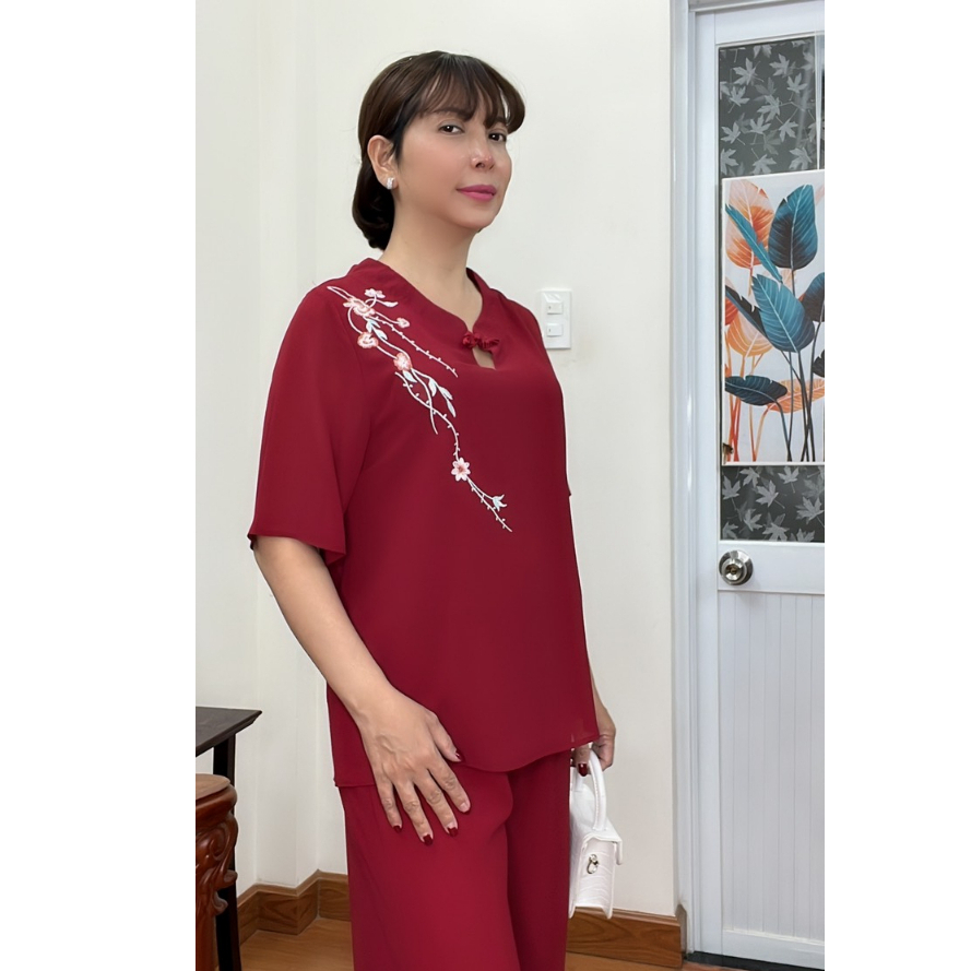 Bộ Trung Niên MAI THY S775, Set Đồ Nữ Trung Tuổi Cho Mẹ Cổ Tàu Hoa Chân Chất Chiffon Quảng Châu | Thời Trang Mai Thy U40