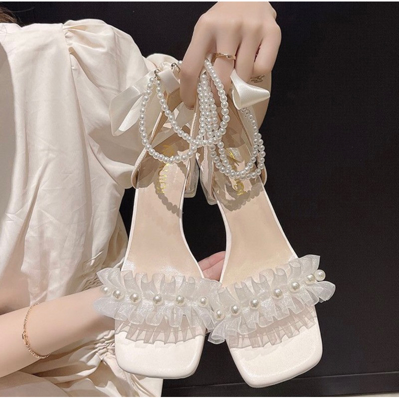 Dép nữ đế cao quai ngọc thắt nơ 5cm, Sandal nữ đế vuông cao gót quai nhún đính ngọc siêu xinh - H32