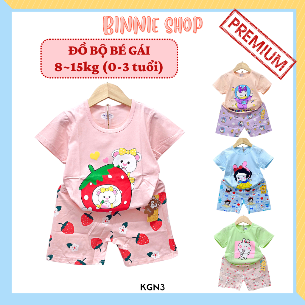Set quần áo tay ngắn bé gái 8-16kg (0-3 tuổi) chất thun cotton xuất hàn mịn mát Đồ bộ bé gái BINNIE SHOP KGN3
