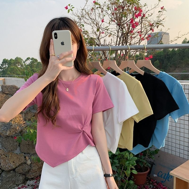 Áo thun nữ tay ngắn gợi cảm Slim Fit Áo thun nữ trơn màu không đều