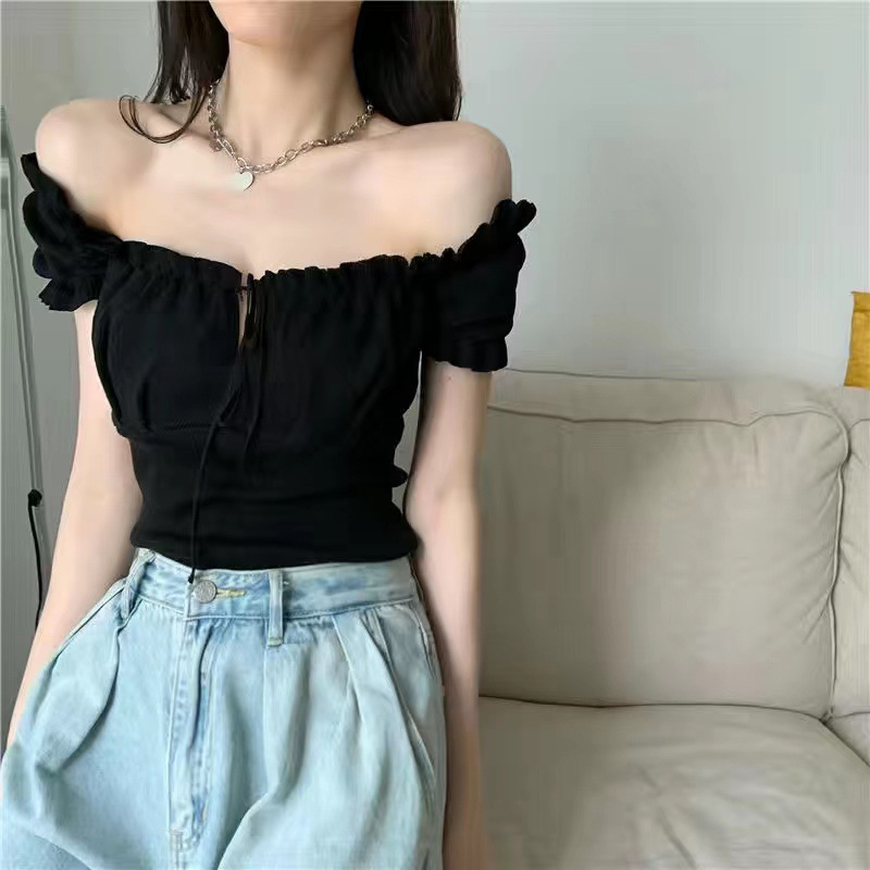 Phiên bản Hàn Quốc của áo phông lệch vai nữ một bên vai dây rút mặc bên ngoài áo ống