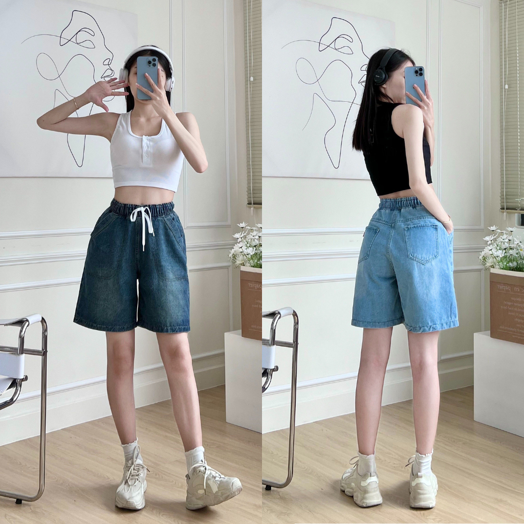 Quần short jean nữ ống rộng,quần đùi ngố lững bò lưng chun dây rút có bigsize cho chị em