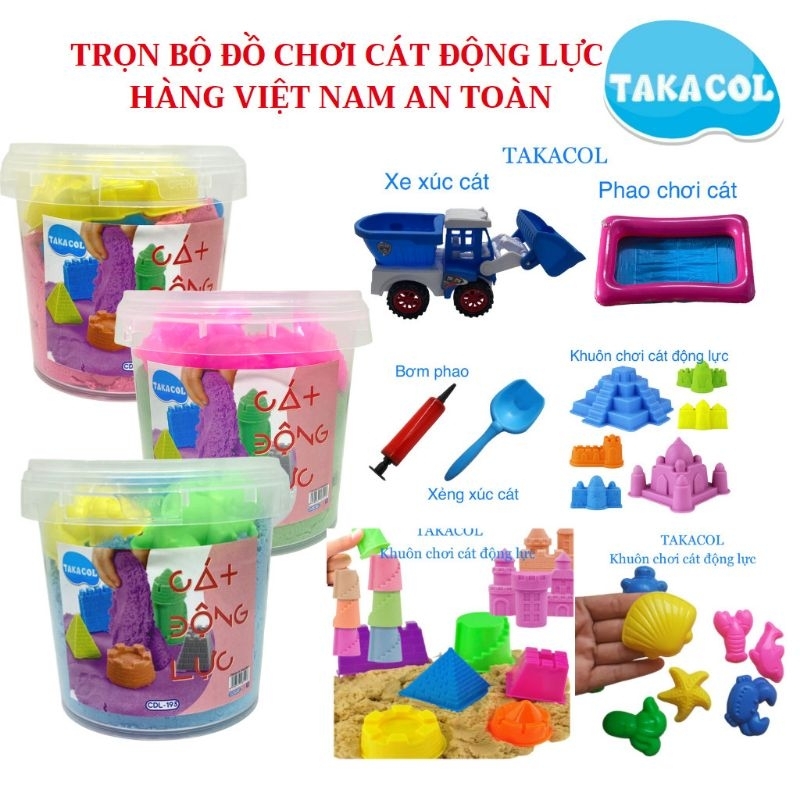 Trọn bộ đồ chơi cát động lực Hàng VN an toàn cao cấp kèm bộ dụng cụ khuôn chơi, xe ô tô xúc cát chở cát, bể, bơm