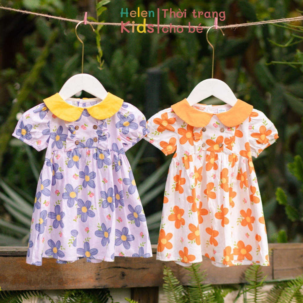 Váy Cộc Tay Bé Gái Helen Kids Váy Cổ Sen Phối Khuy Họa Tiết Hoa Nhí Mùa Hè Cho Bé OP5103