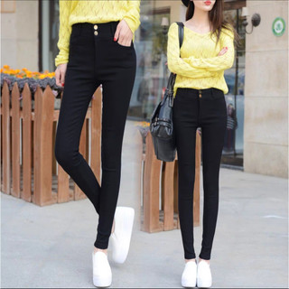 Quần Kaki Skinny Dài Nữ Hàng Co Giãn Lưng Cao 2 Nút Màu Đen